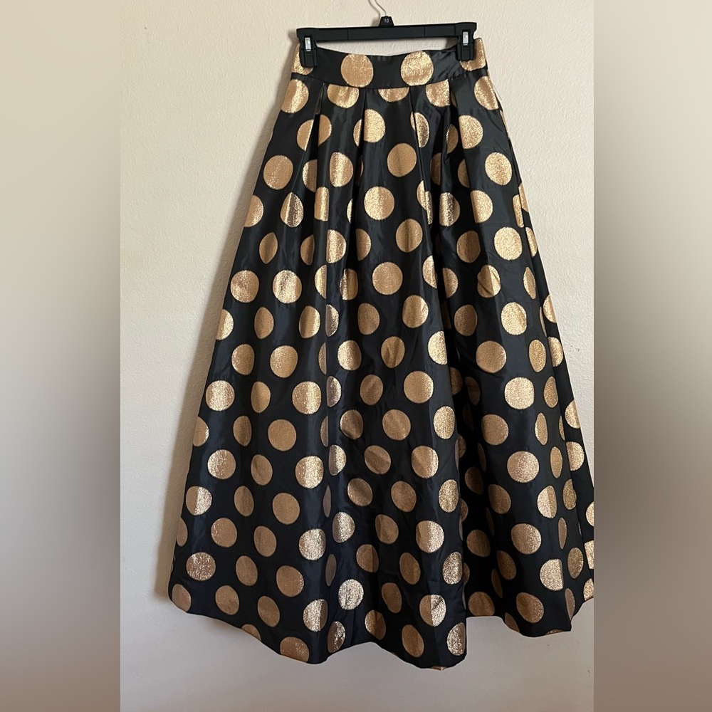 ELIZA J High Waist Ball Skirt Size 2  Black Metallic Copper Polka Dot pockets